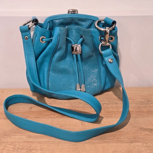 B MAKOWSKY Leather Purse Turquoise Blue Kiss Lock Convertible Crossbody shoulder - Picture 2 of 13